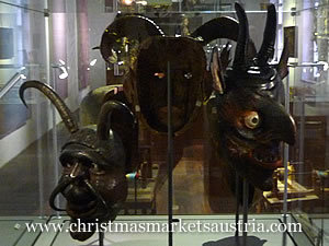 Some of the Krampus masks on display in Innsbruck